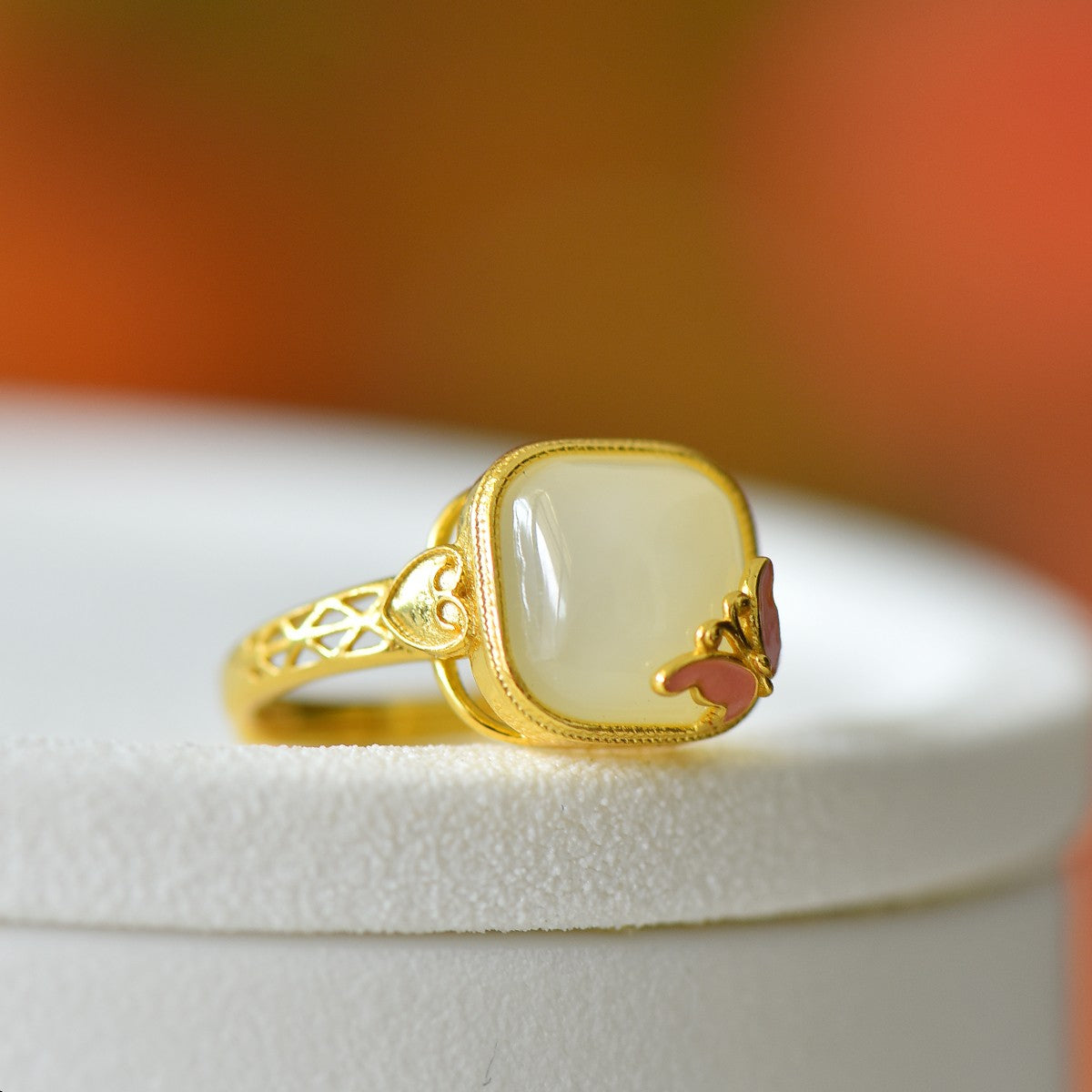 S925 Sterling Silver Enamel Nephrite Jade Butterfly Square Drum Ring