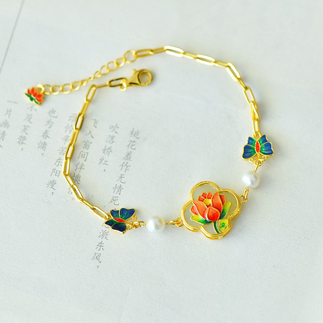 S925 Sterling Silver Enamel Nephrite Jade Bangle - Butterfly & Clover Style