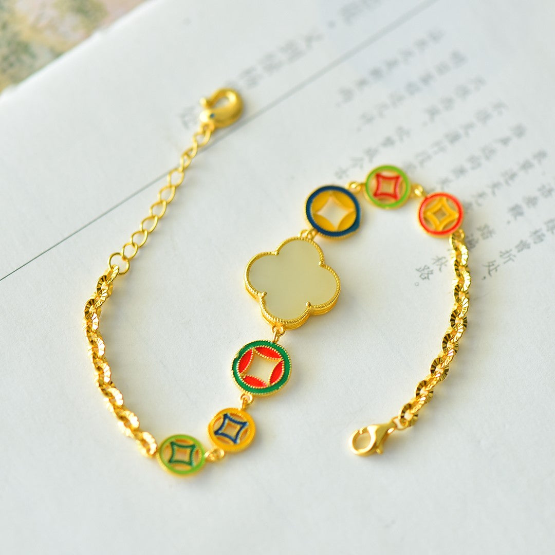 S925 Silver Enamel Nephrite Jade Bangle - Round Cabochon Fashion Style