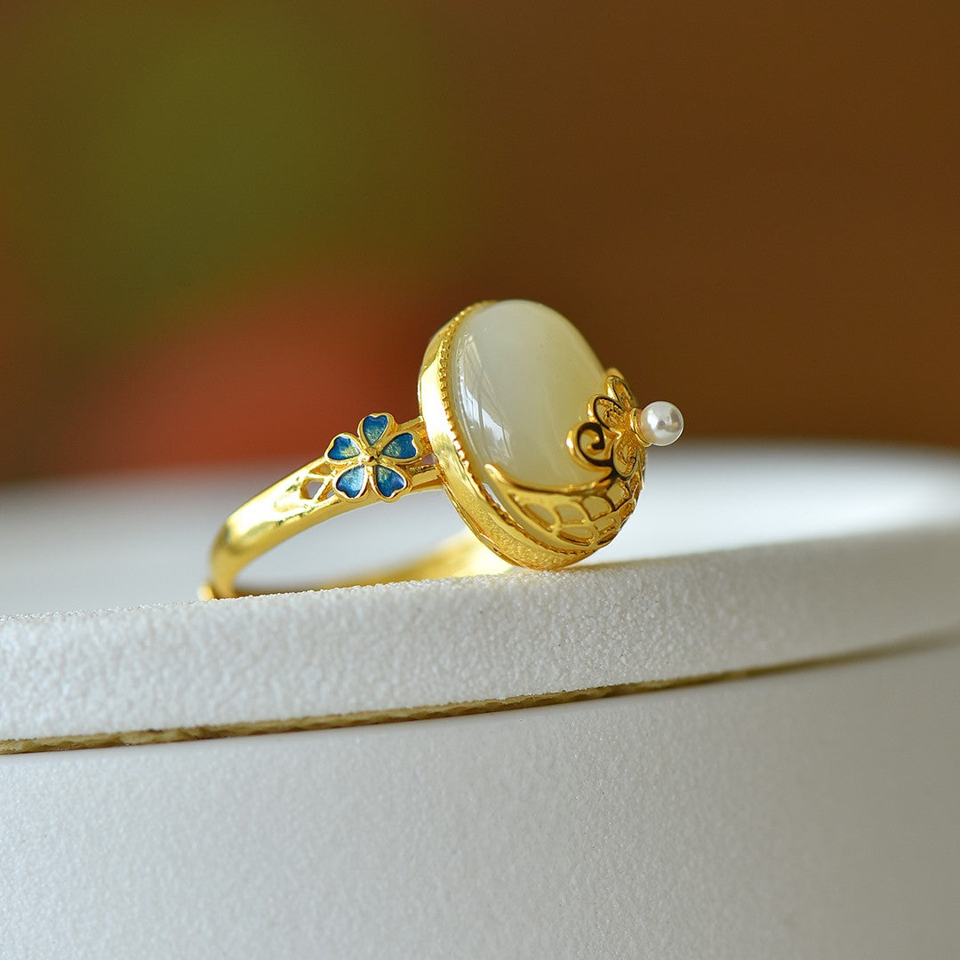 S925 Sterling Silver Enamel Nephrite Jade Cherished Ring - Ancient Style