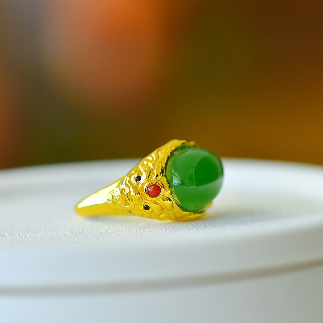 S925 Silver Enamel Nephrite Green Jade Peace & Longevity Ring