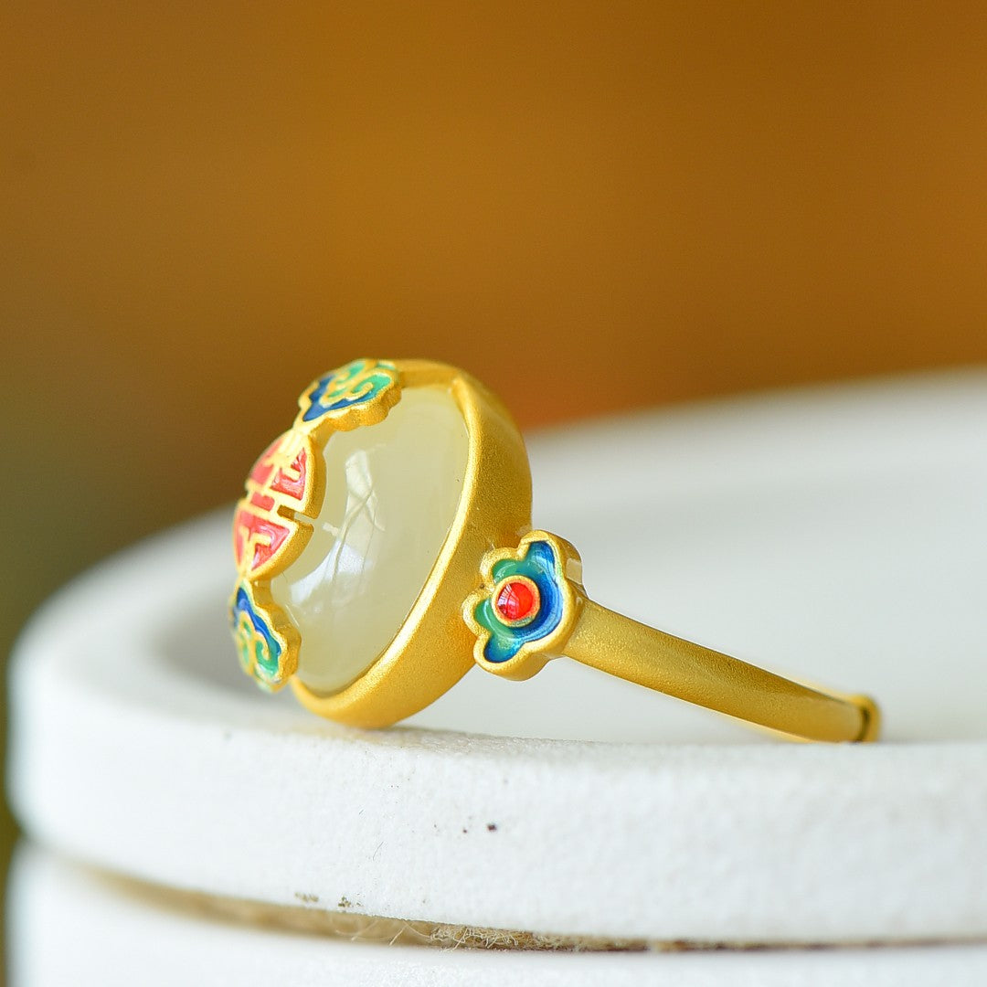 S925 Silver Enamel Nephrite Jade Cabochon Success Ring