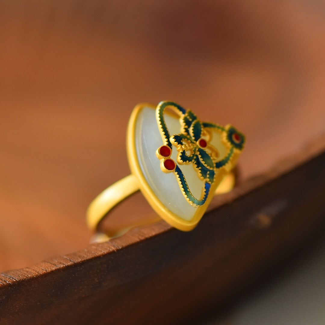 S925 Silver Nephrite Jade Fan-Shaped Butterfly Ring - Elegant Style