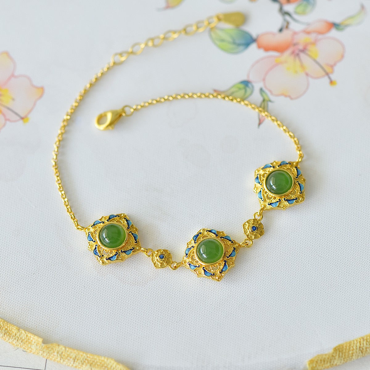 S925 Silver Nephrite Jade Bangle - Flower Goddess January Plum
