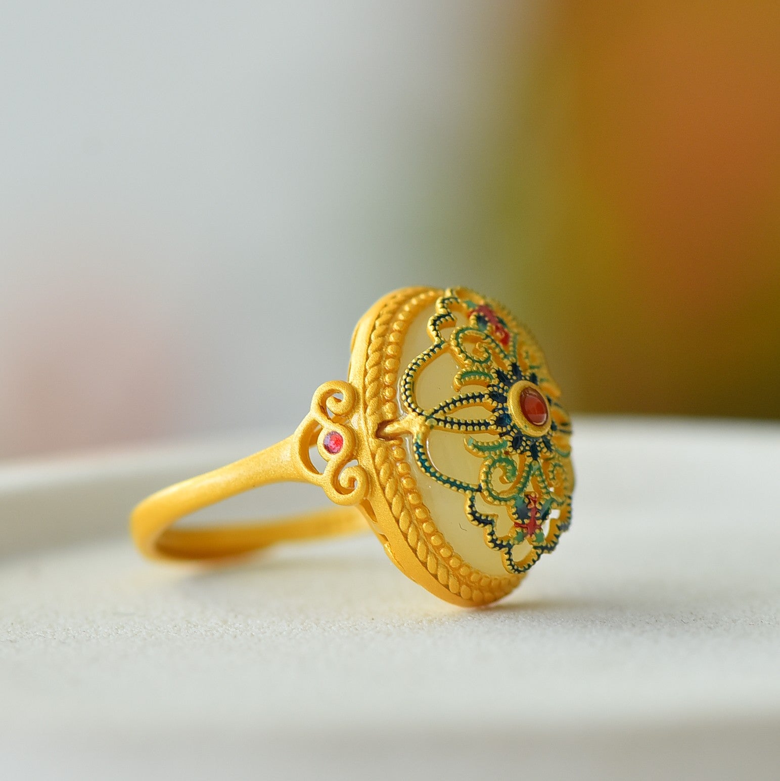 S925 Silver Enamel Nephrite Jade Prosperity Ring - Elegant Style