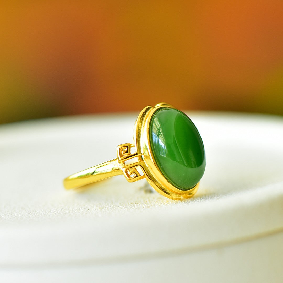 S925 Sterling Silver Nephrite Green Jade Cabochon Ring - Unique Style