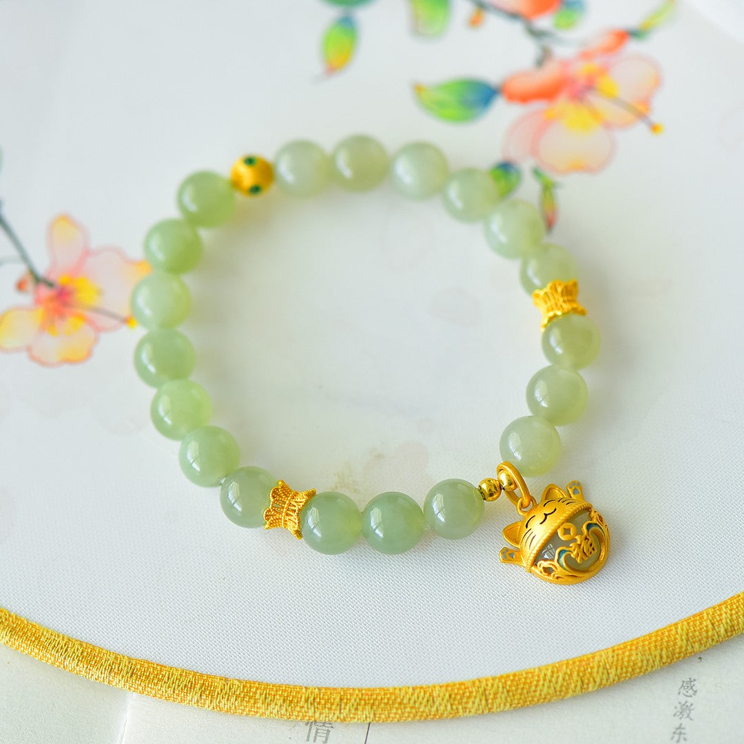 S925 Sterling Silver Nephrite Jade Bangle - Jade Rabbit & Moon Design
