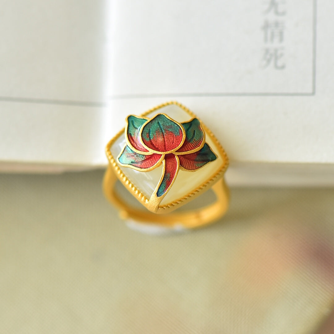 S925 Silver Enamel Nephrite Jade Lotus Luck Ring - Artisan Design