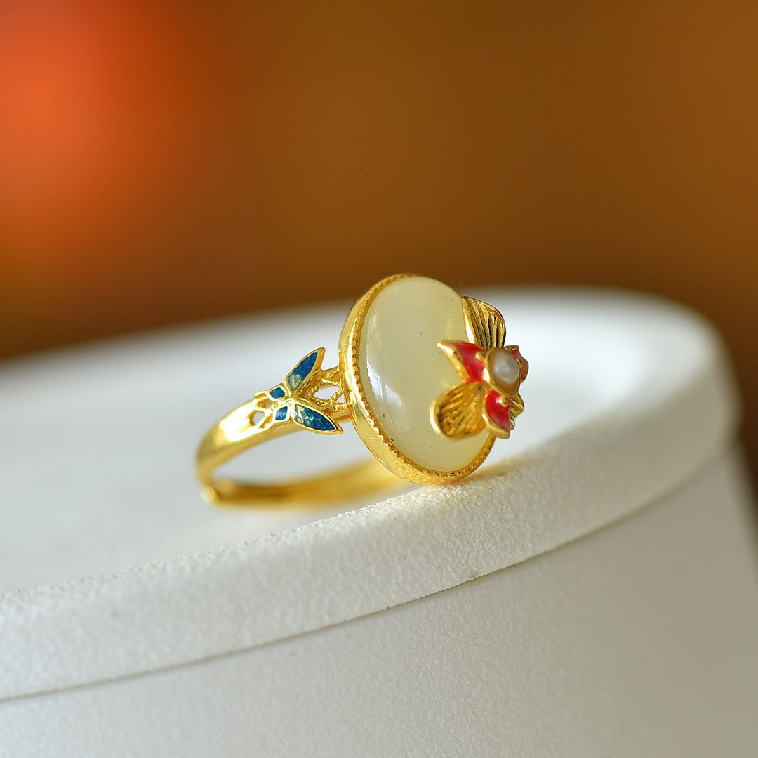 S925 Sterling Silver Enamel Nephrite Jade Butterfly & Flower Ring