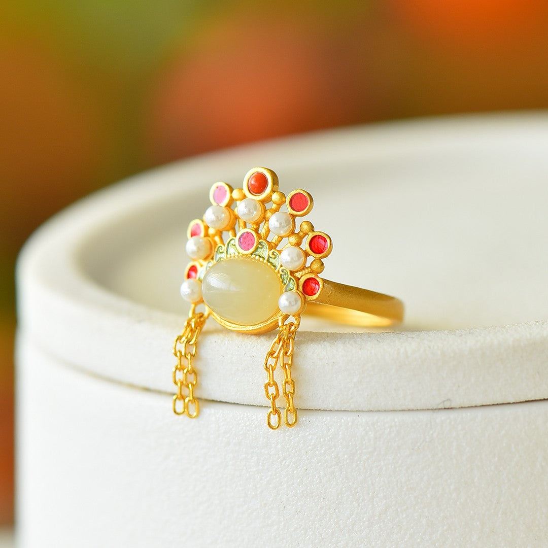 S925 Sterling Silver Nephrite Jade Phoenix Crown Ring - Elegant Style
