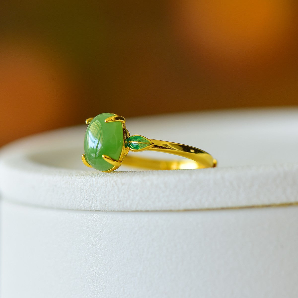 S925 Silver Enamel Nephrite Green Jade Noble Leaf Ring - Elegant Style