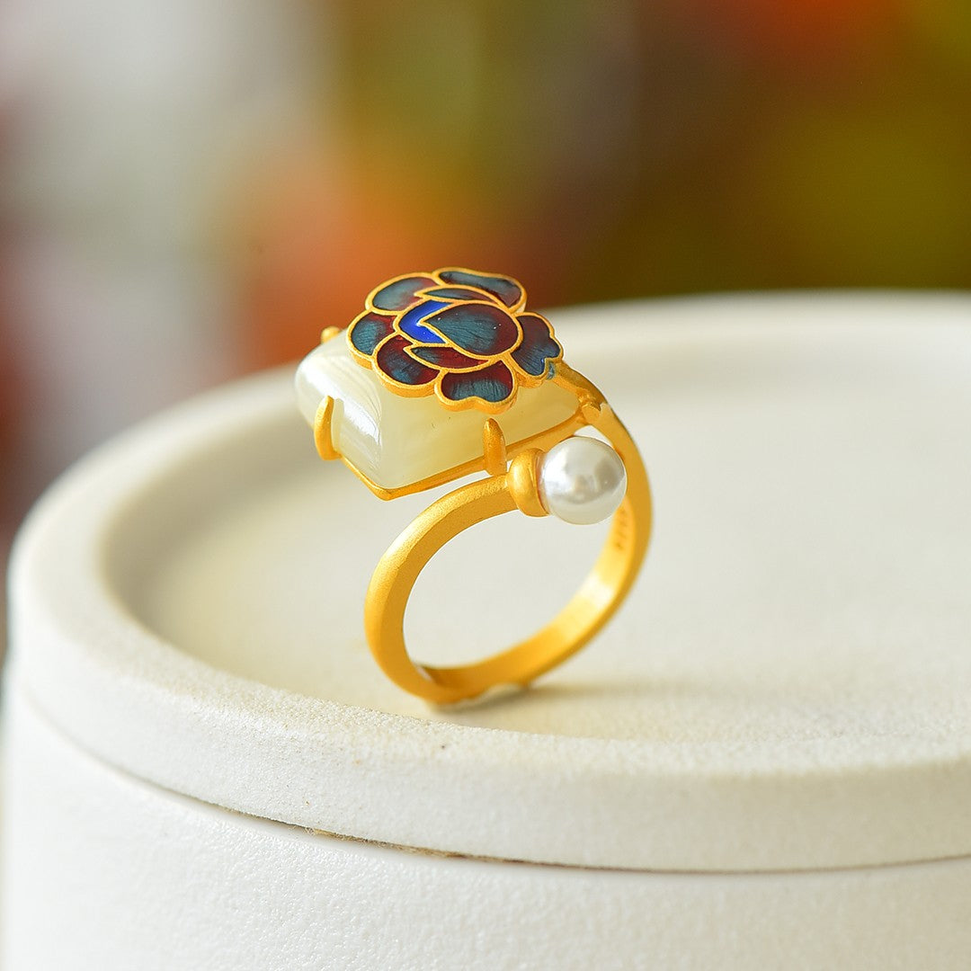 S925 Sterling Silver Enamel Nephrite Jade Peony Flower Ring