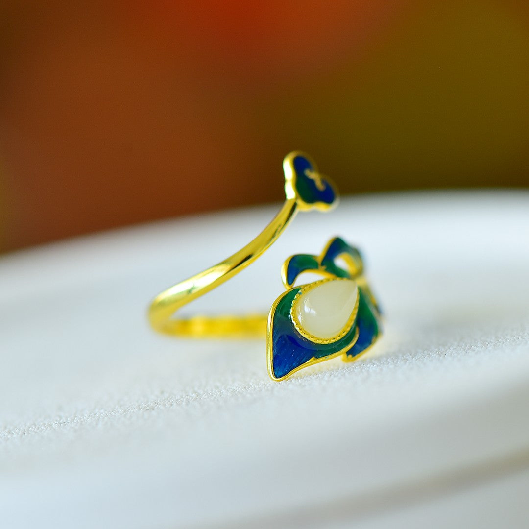 S925 Sterling Silver Enamel Nephrite Jade Noble Leaf Ring - Elegant Blossom
