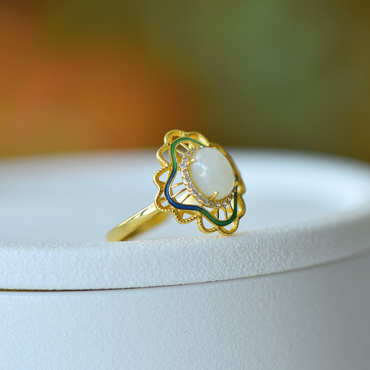 S925 Sterling Silver Nephrite Jade Filigree Hollow-out Ring