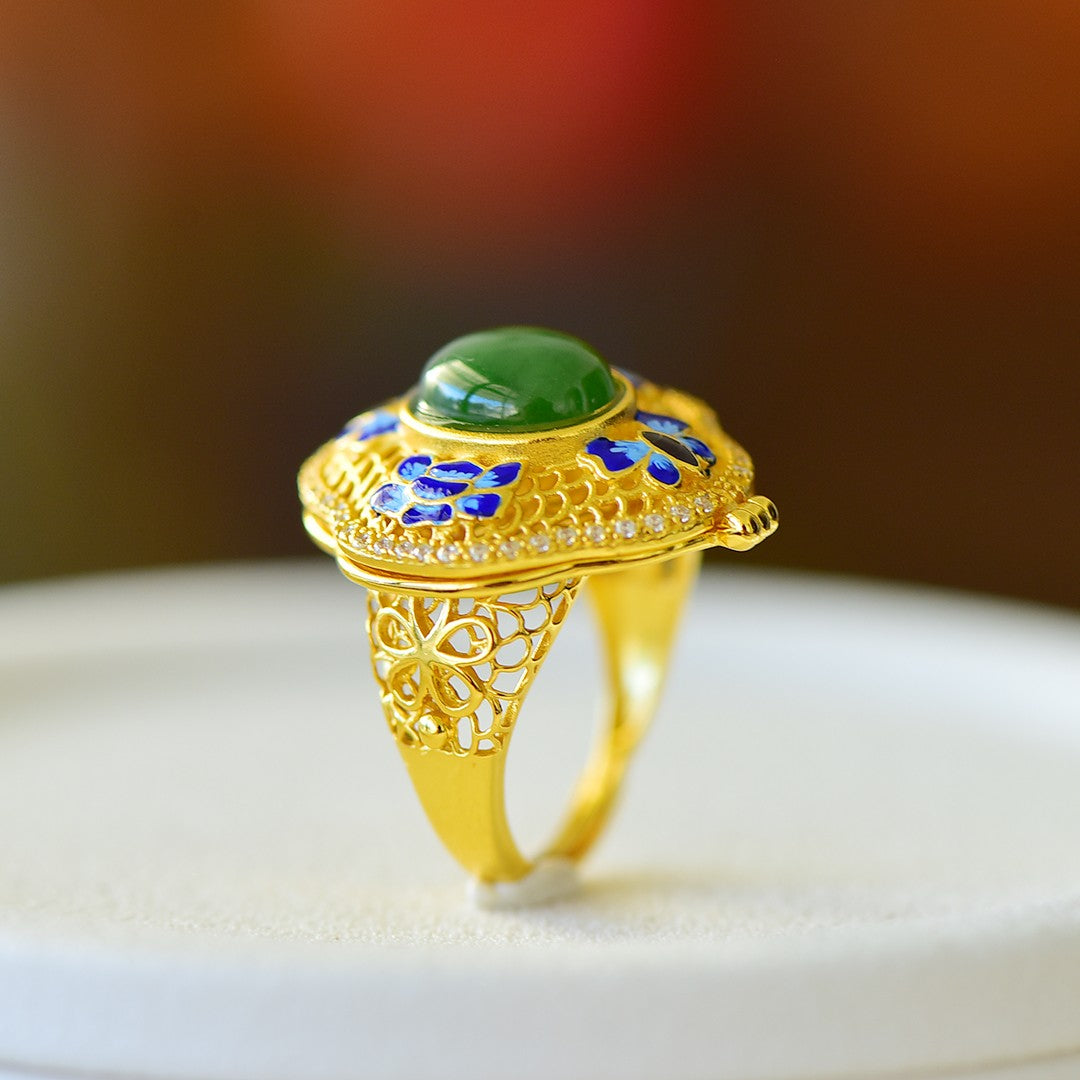 S925 Silver Nephrite Green Jade Butterfly Filigree Hollow-out Ring