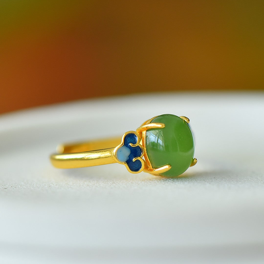 S925 Silver Nephrite Green Jade Cabochon Ring - Elegant Style