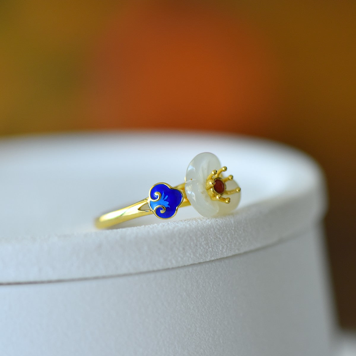 S925 Sterling Silver Nephrite Jade Five-Petal Flower Ring