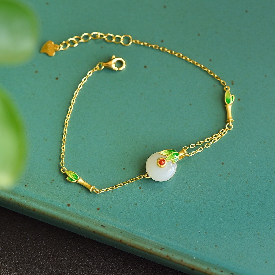 S925 Sterling Silver Nephrite Jade Bamboo Charm Jewelry Set