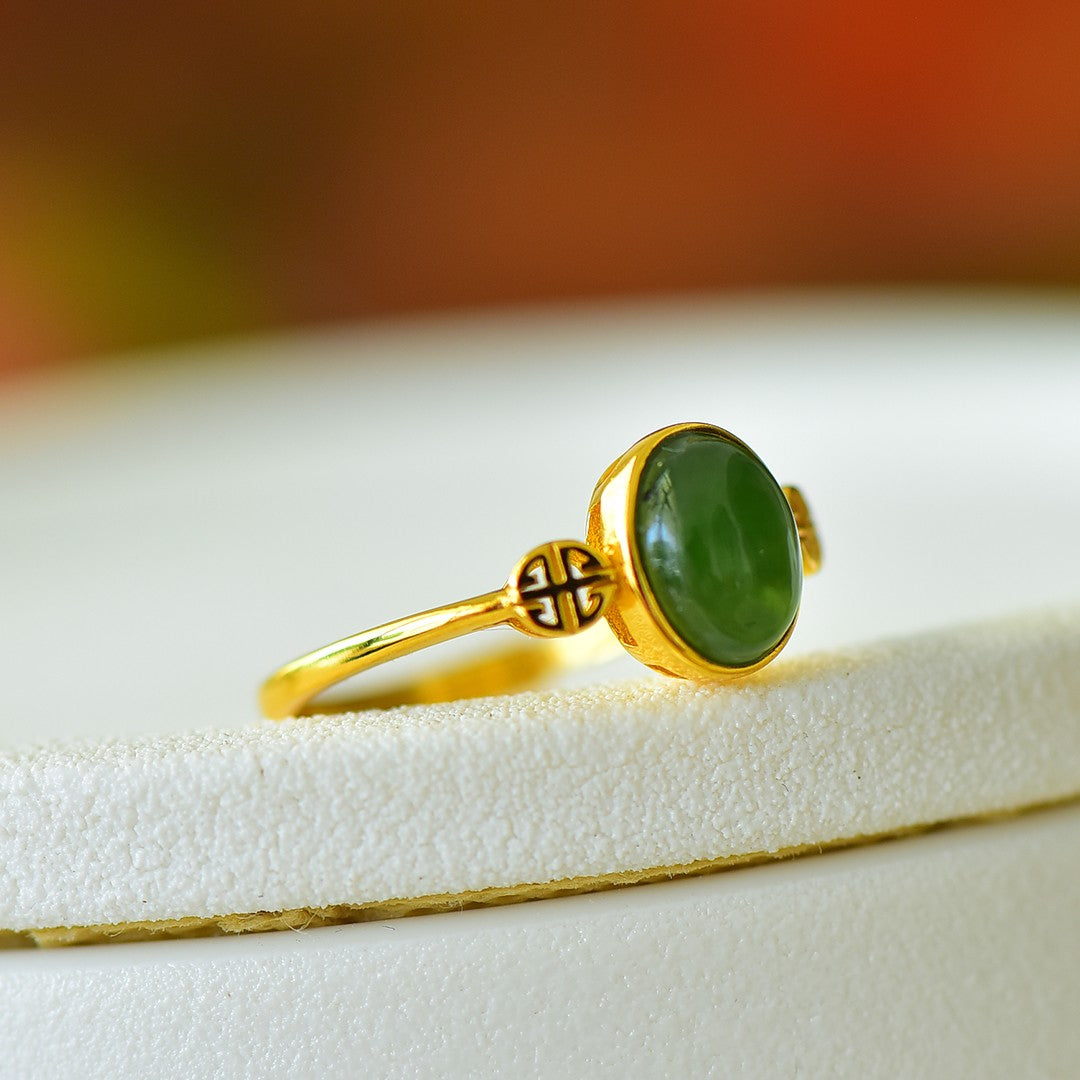 S925 Silver Nephrite Green Jade Cabochon Ring - Prosperity Design