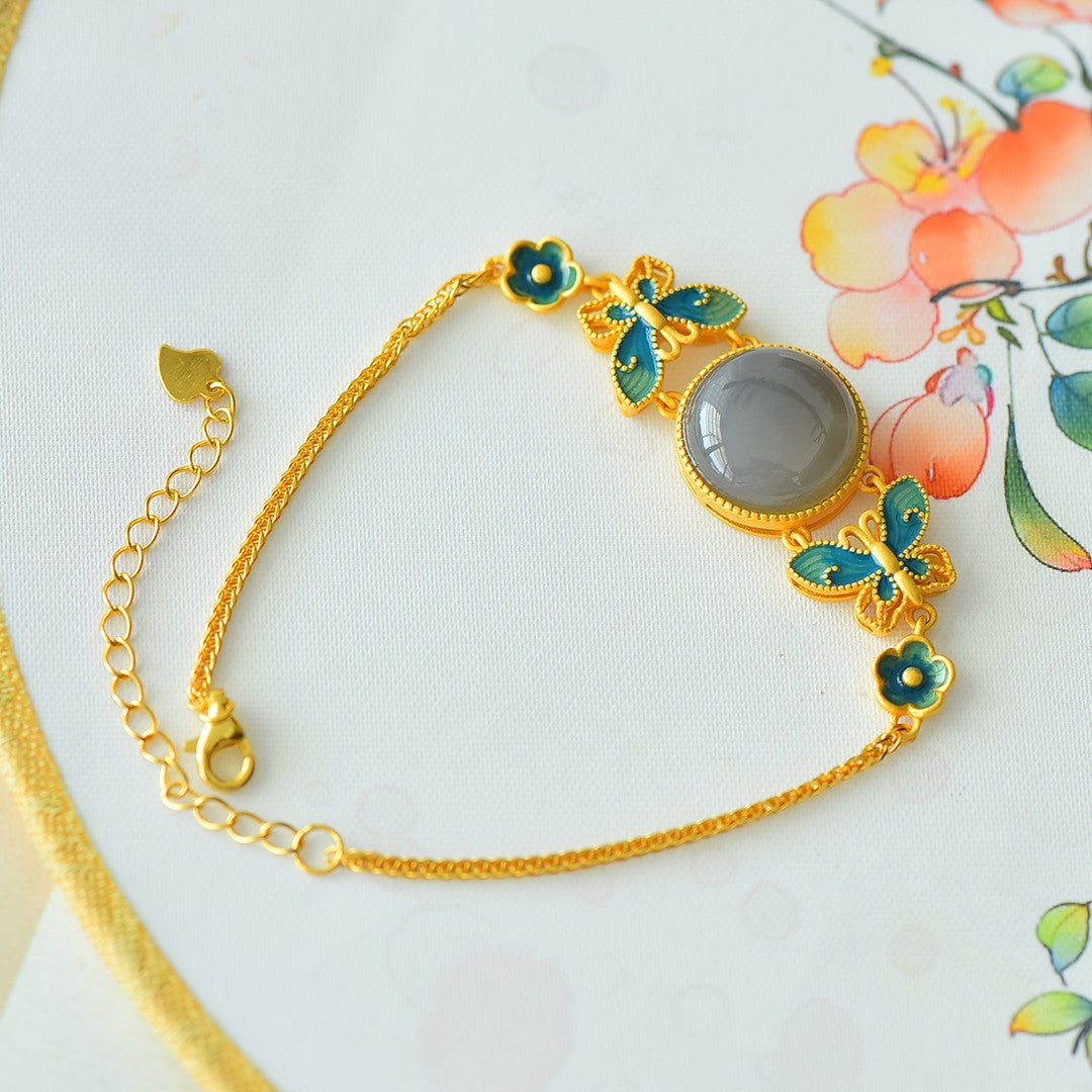 S925 Sterling Silver Smoky Jade Bangle - Butterfly Love Enamel Design