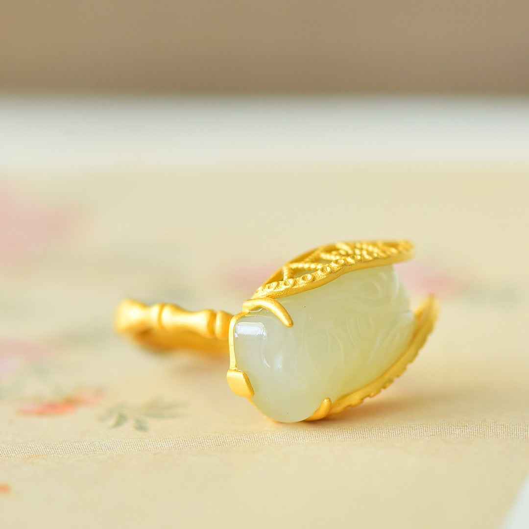 S925 Sterling Silver Nephrite Jade Cicada of Success Ring