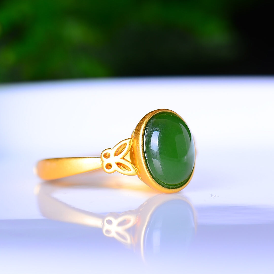 S925 Silver Enamel Nephrite Jade Cabochon Ring - Ancient Method Gold