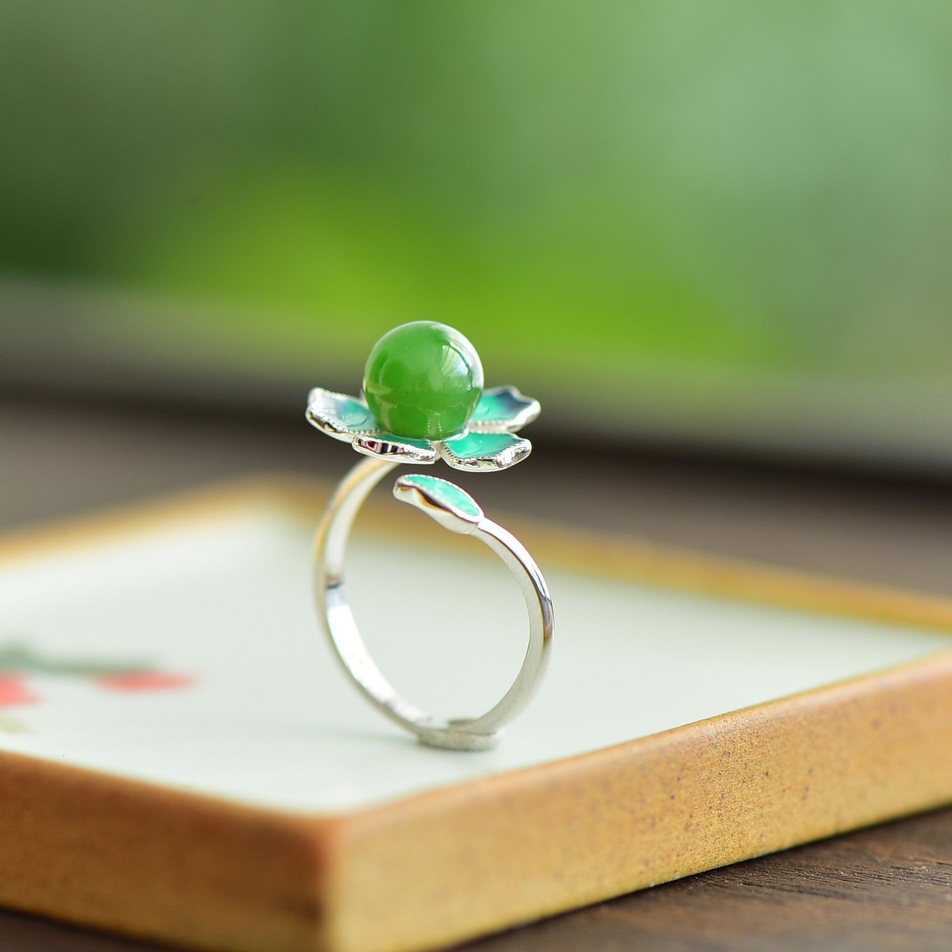 S925 Sterling Silver Nephrite Green Jade Lotus Enamel Ring