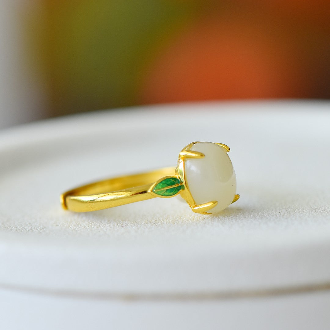 S925 Silver Enamel Nephrite Jade Noble Leaf Ring - Elegant Blossom