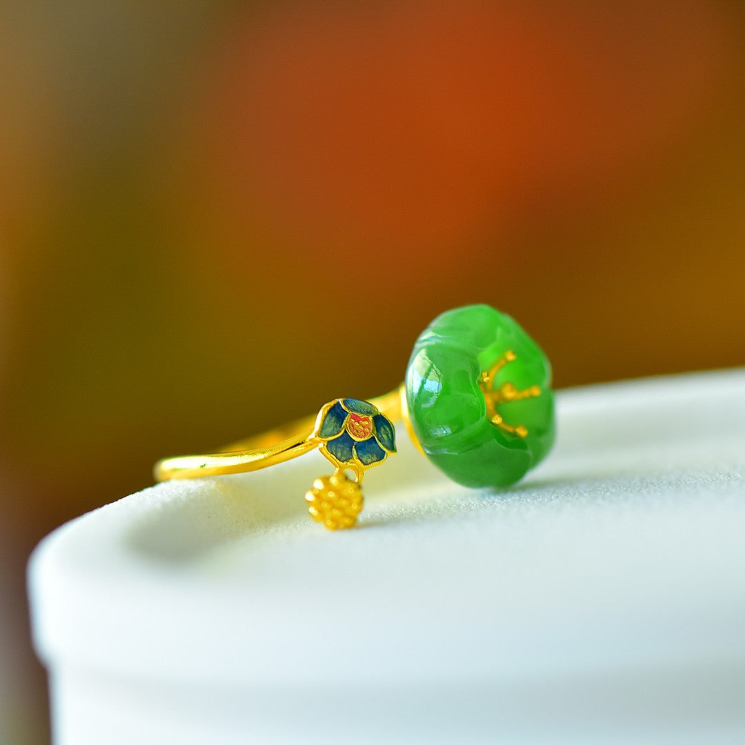 S925 Silver Nephrite Green Jade Lotus & Pod Ring - Artisan Crafted