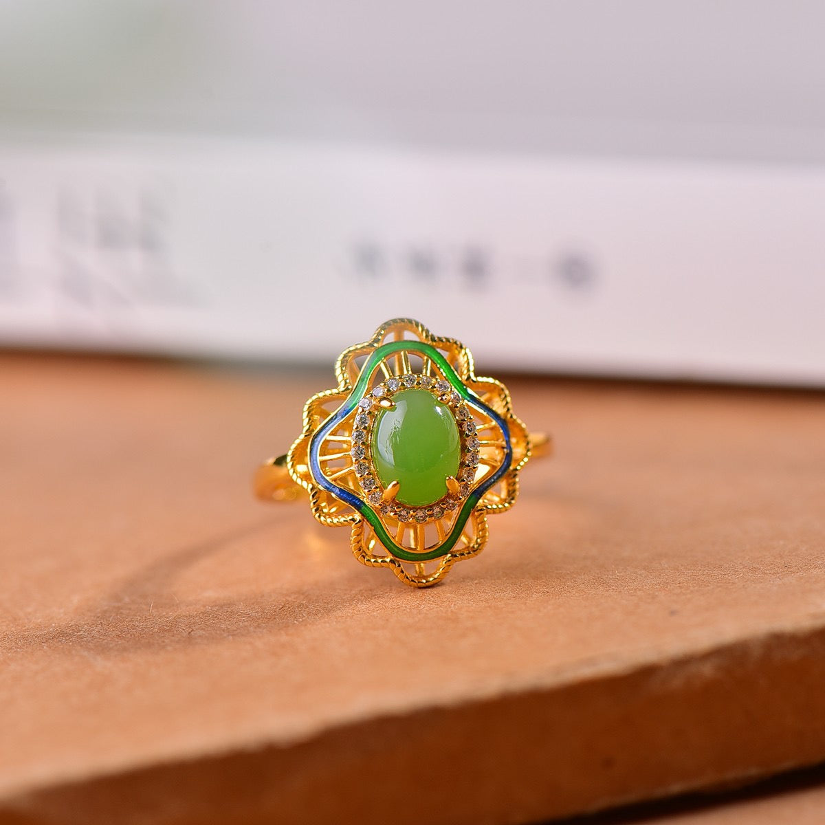 S925 Sterling Silver Nephrite Jade Filigree Cabochon Ring