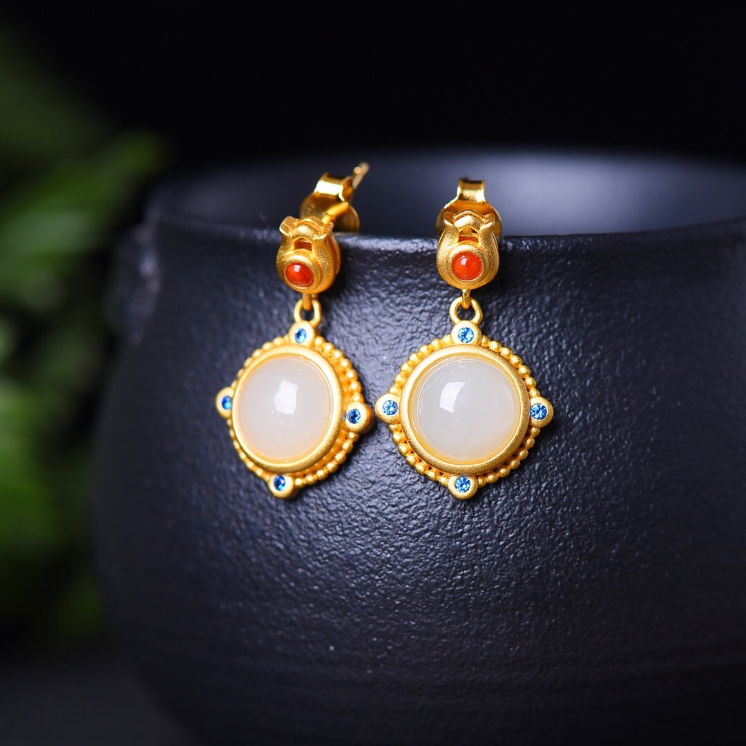S925 Silver Nephrite Jade Frosted Gold Jewelry Set - Luxury Collection