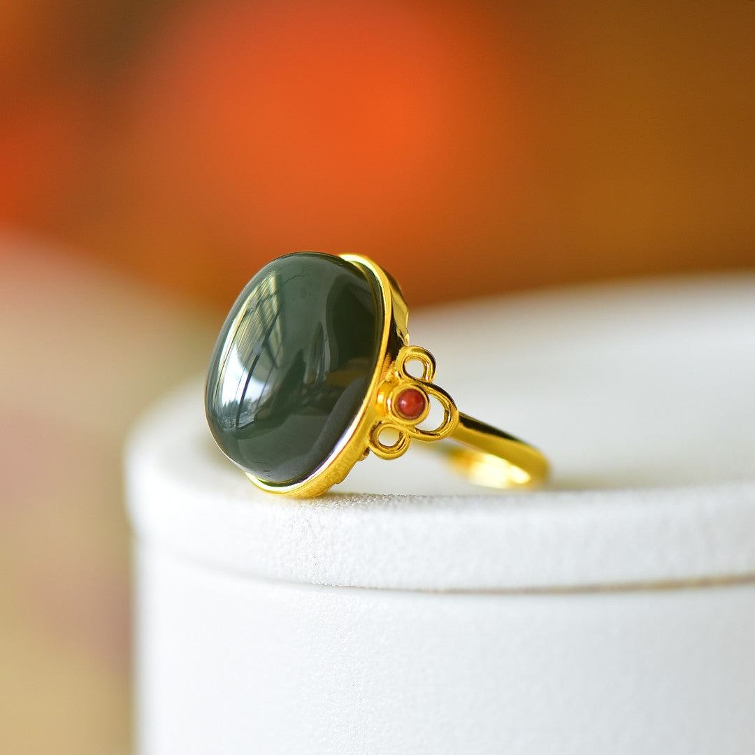 S925 Silver Nephrite Jade Auspicious Cloud Ruyi Ring - Elegant Style