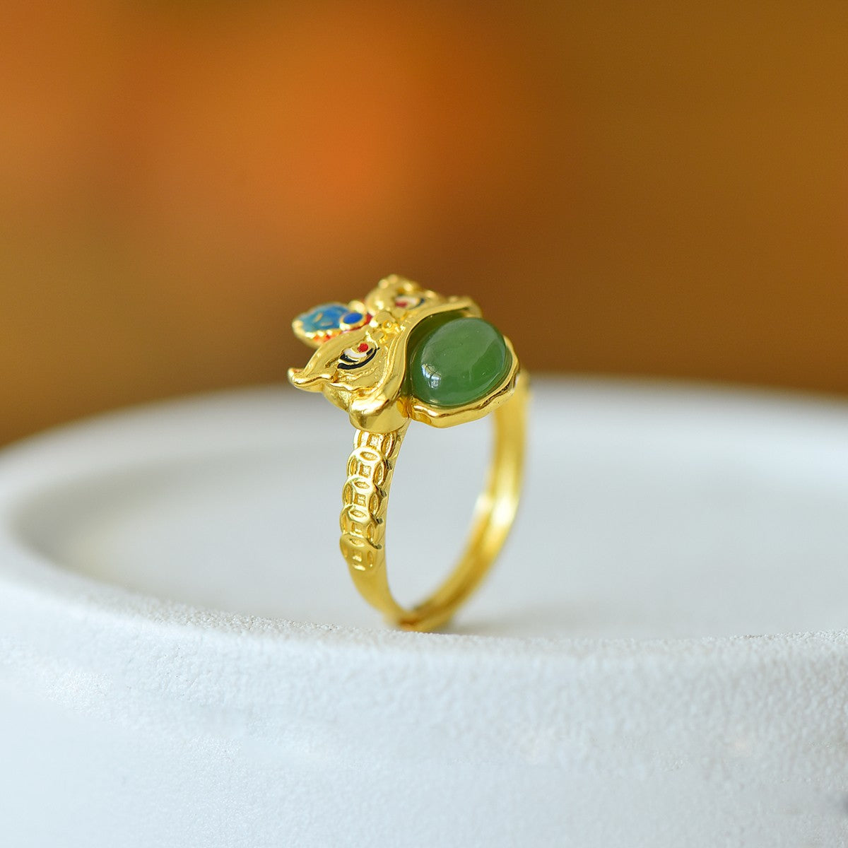 S925 Sterling Silver Nephrite Jade Lion Dance Cabochon Ring