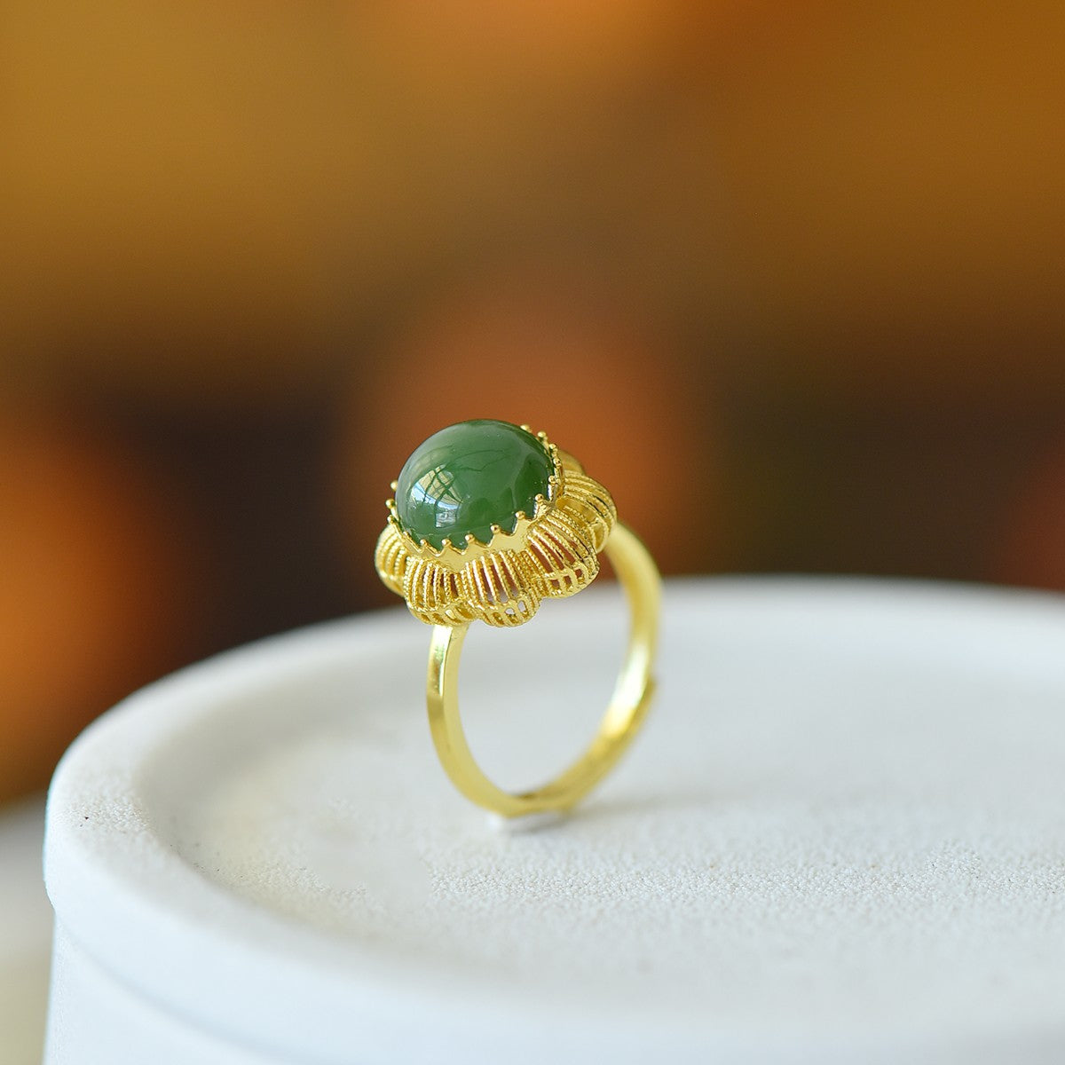 S925 Silver Nephrite Jade Cabochon Hollow-out Ring - Unique Design
