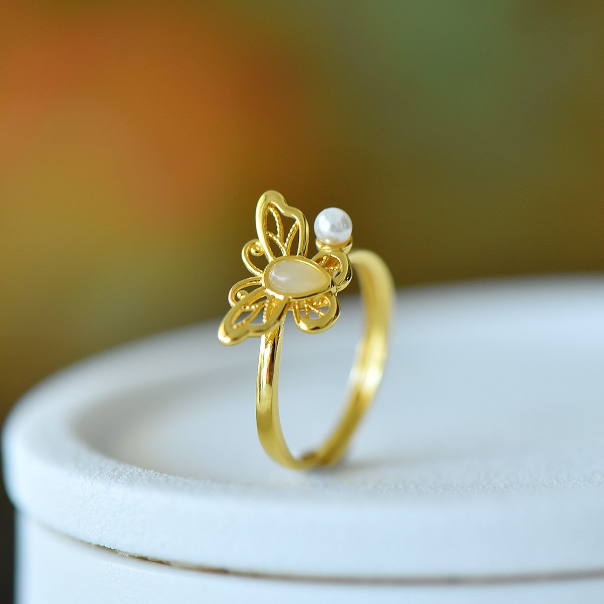 S925 Silver Nephrite Jade Butterfly Hollow-out Ring - Unique Design