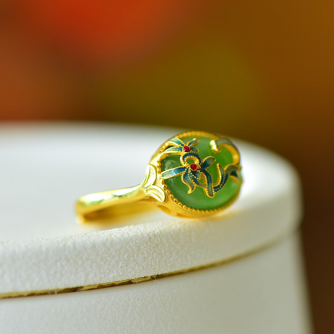S925 Silver Nephrite Green Jade Orchid Ring - Noble Blossom Design