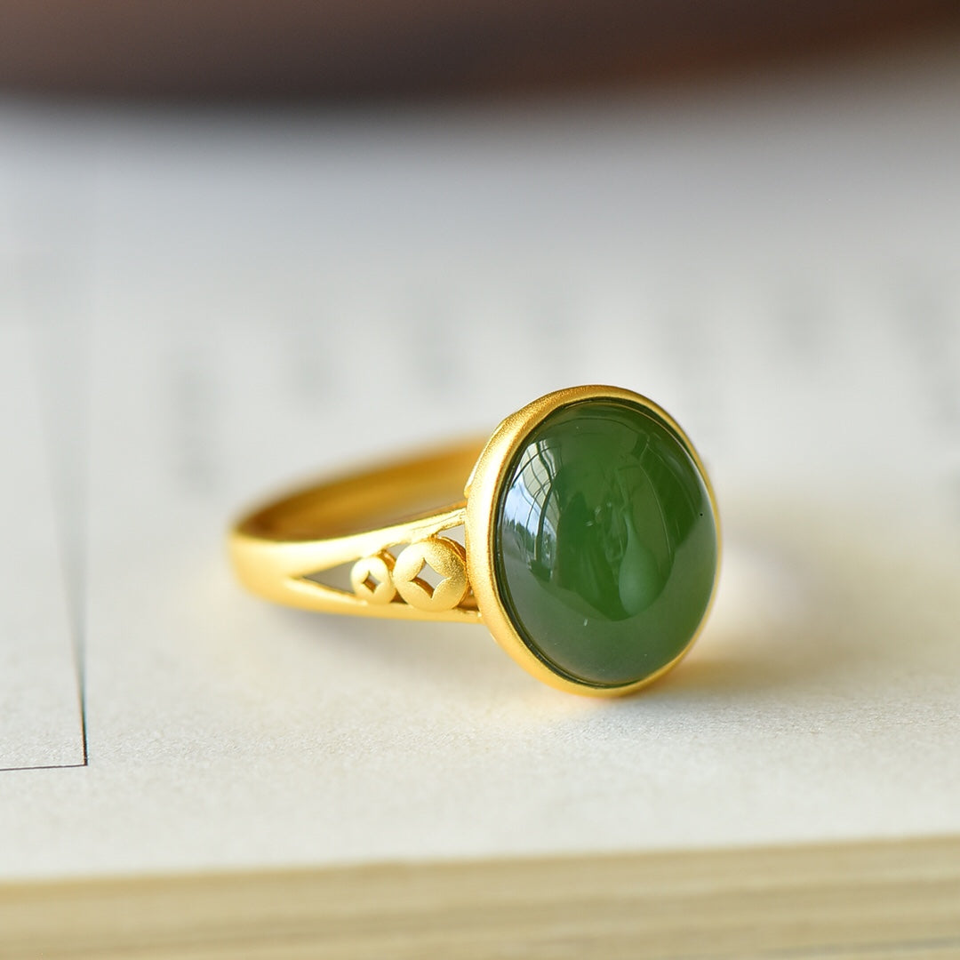 S925 Silver Nephrite Green Jade Cabochon Ring - Artisan Engraved