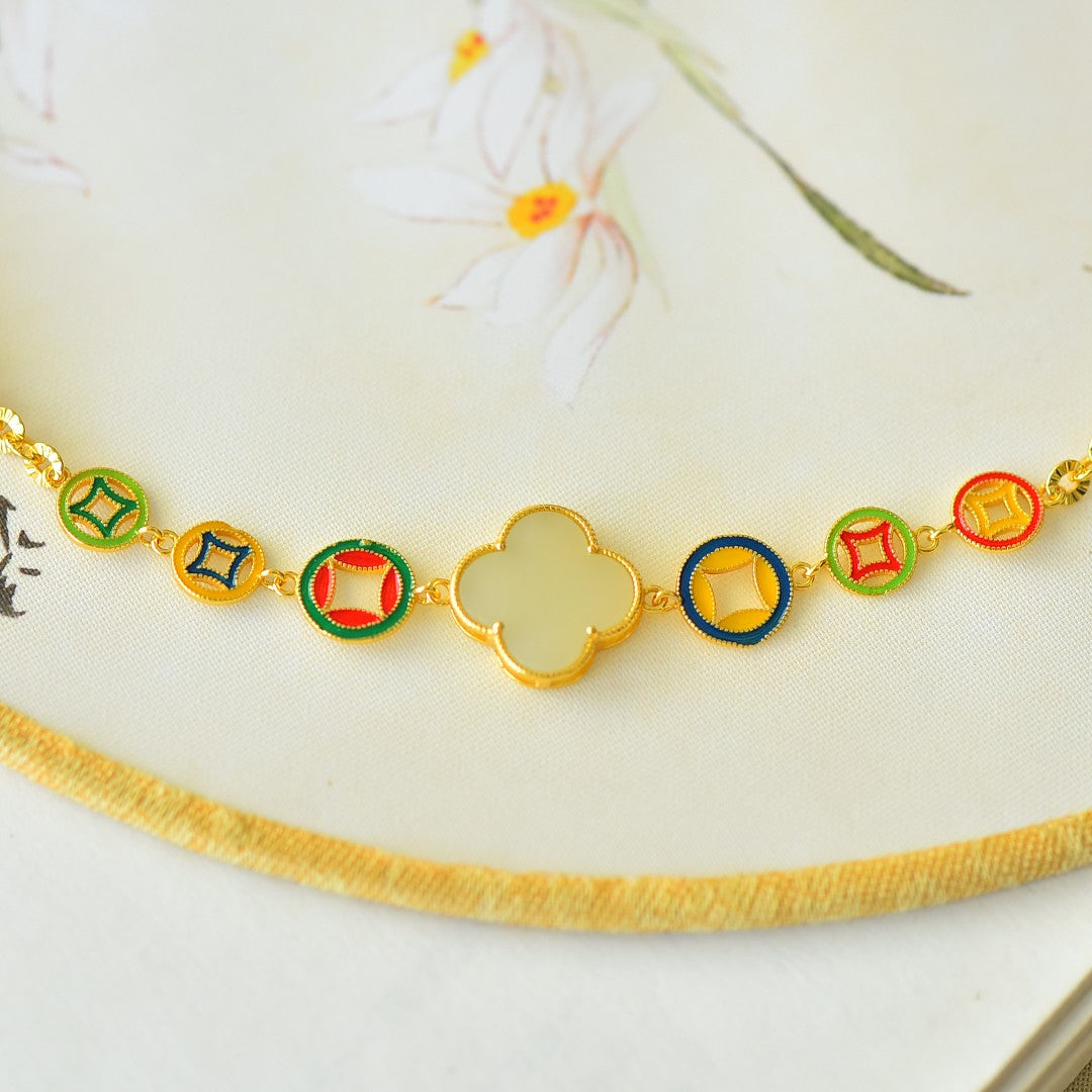 S925 Silver Enamel Nephrite Jade Bangle - Round Cabochon Fashion Style