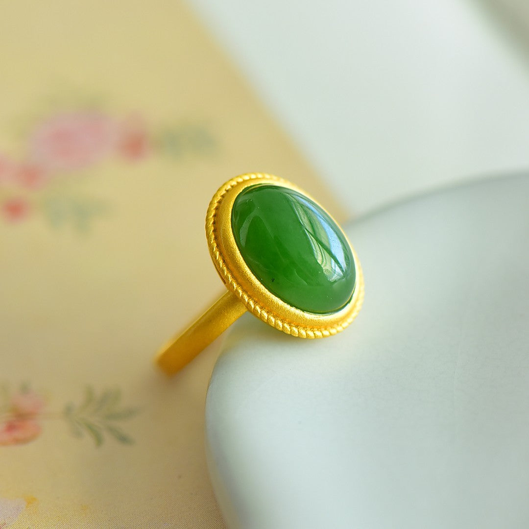 S925 Silver Nephrite Jade Ruyi Frosted Gold Ring - Artisan Design