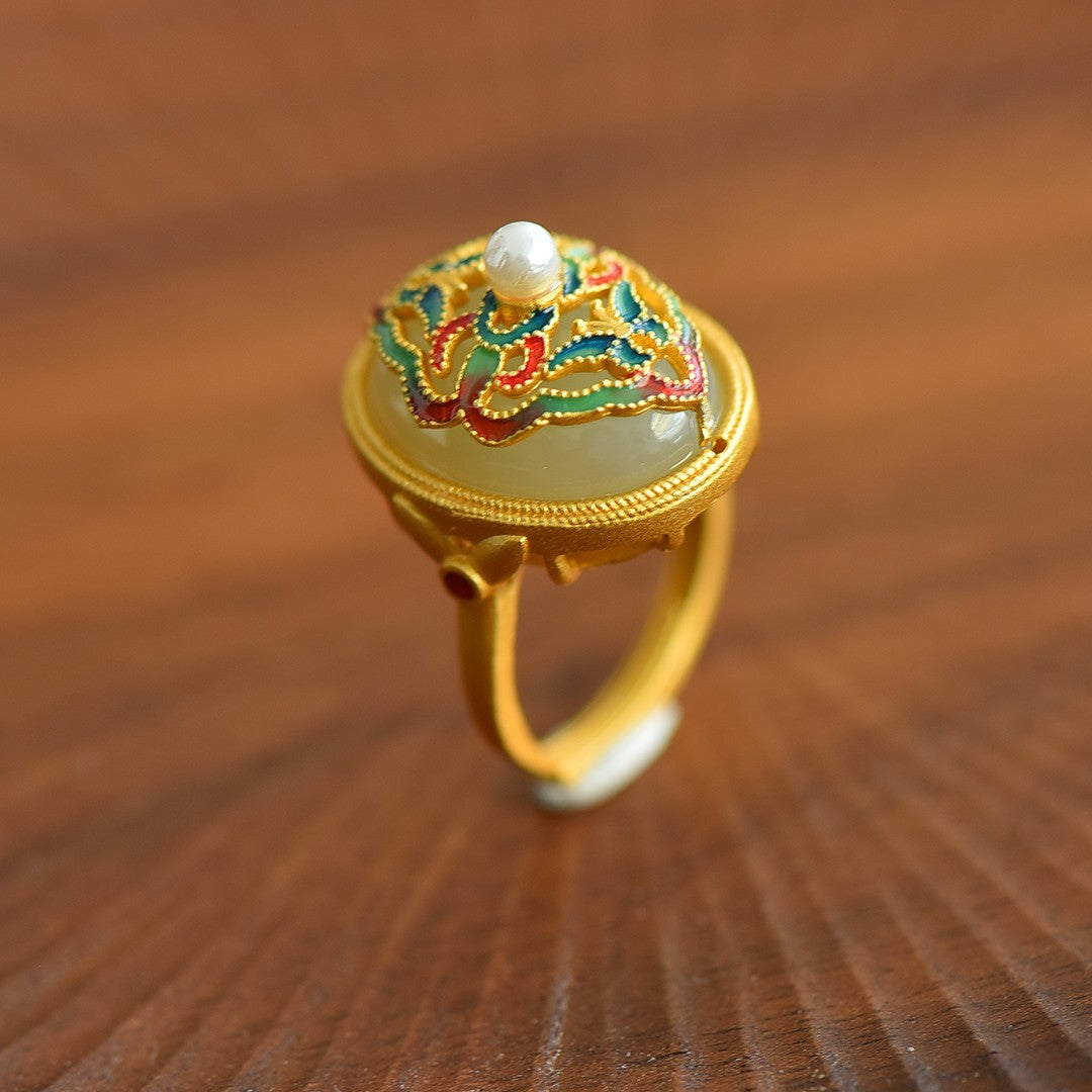 S925 Silver Enamel Nephrite Jade Butterfly & Pearl Ring