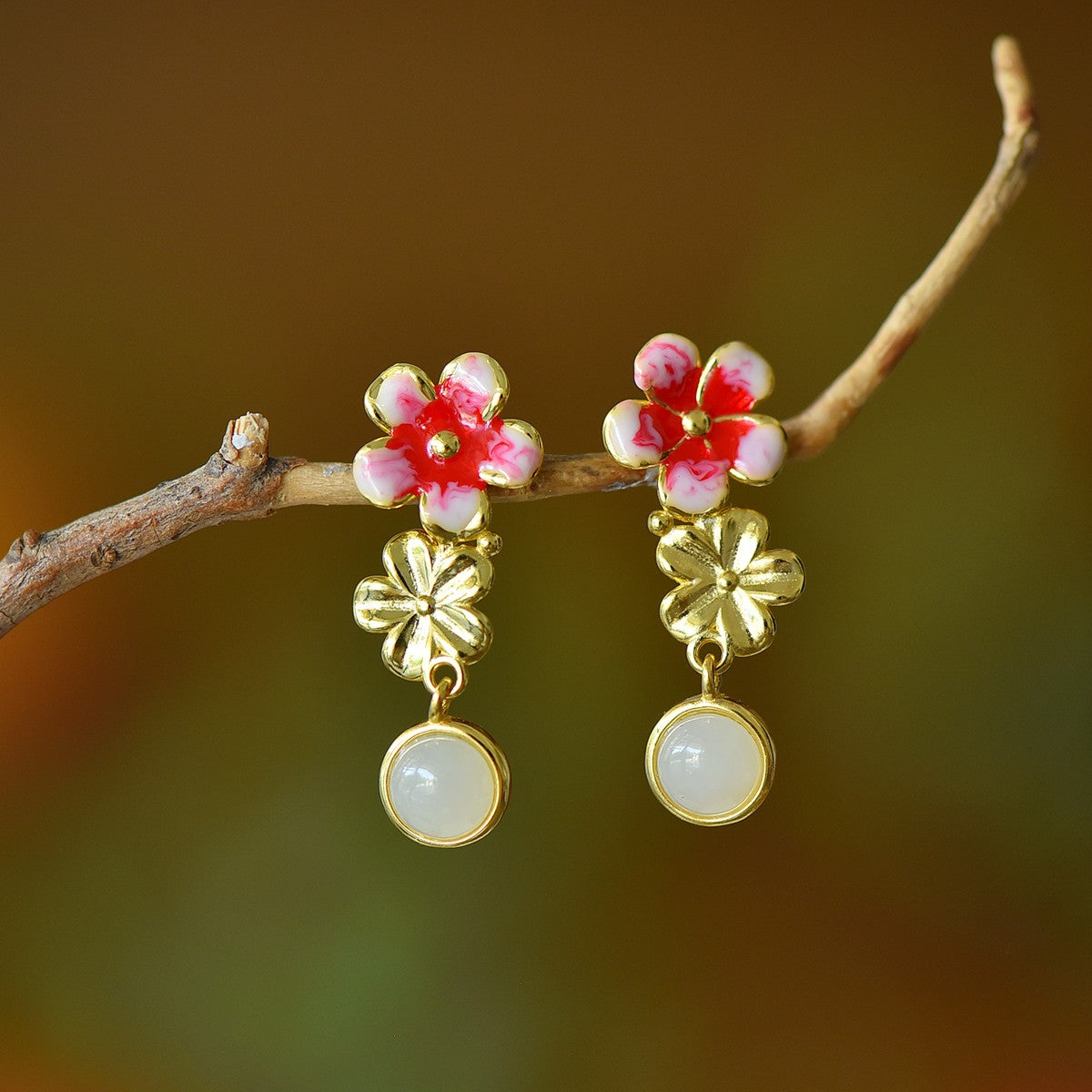 S925 Sterling Silver Nephrite Jade Peach Blossom Simple Jewelry Set