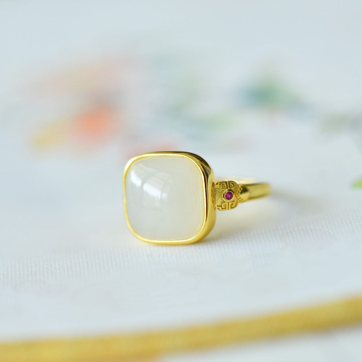 S925 Silver Nephrite Jade Sugar Cube Simple Silver Ring