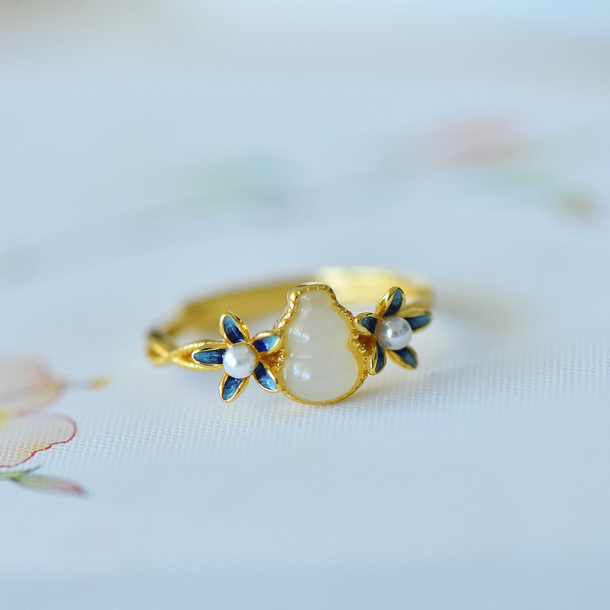 S925 Silver Nephrite Jade Gourd & Orchid Ring - Unique Style