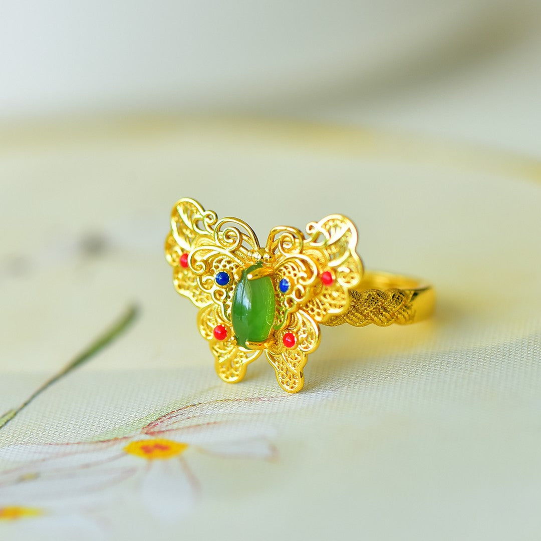 S925 Silver Enamel Nephrite Green Jade Dream Butterfly Ring