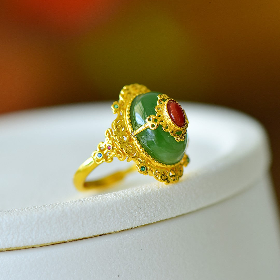 S925 Sterling Silver Nephrite Green Jade Ring - Elegant Simple Texture