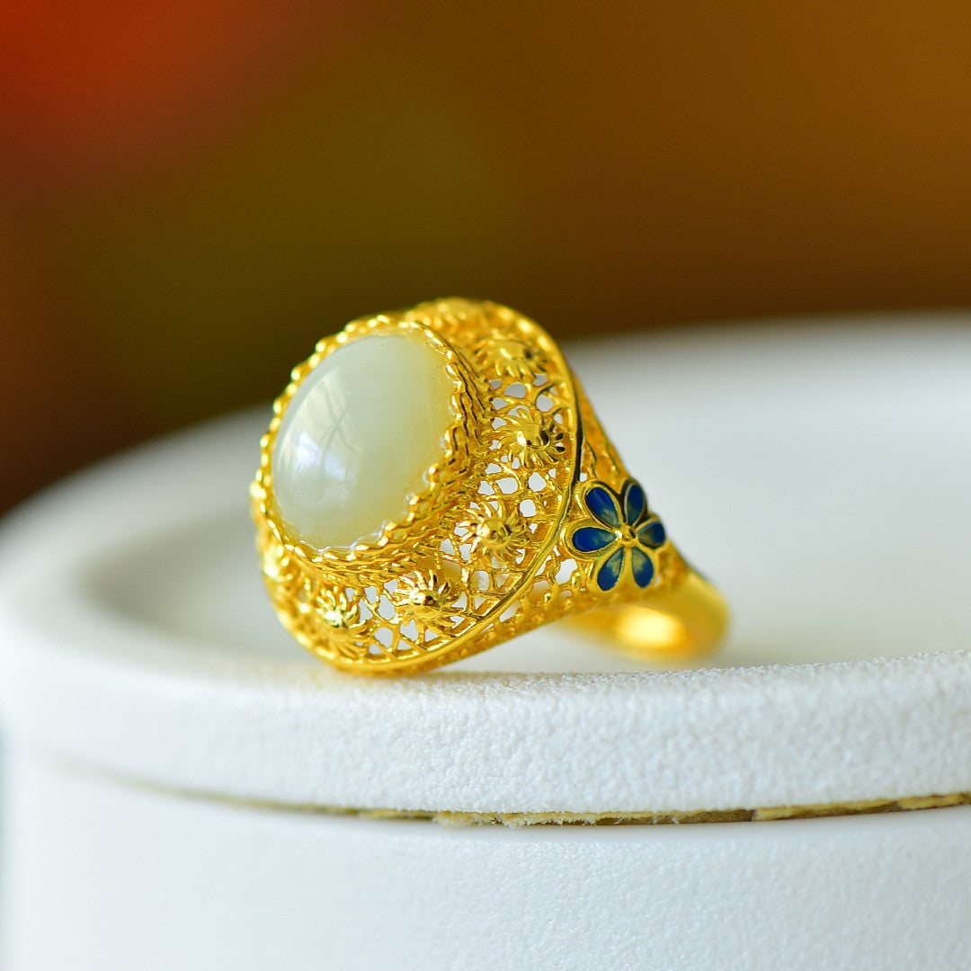 S925 Silver Enamel Nephrite Jade Flower Blossom Ring - Elegant Style