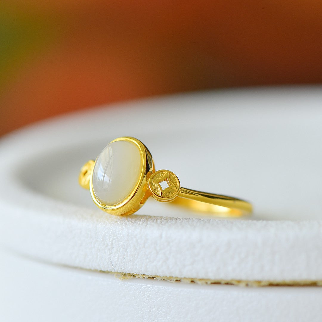 S925 Sterling Silver Nephrite Jade Prosperity Ring - Elegant Luck Jewelry