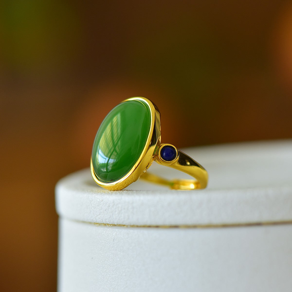 S925 Sterling Silver Nephrite Green Jade Simple Cabochon Ring
