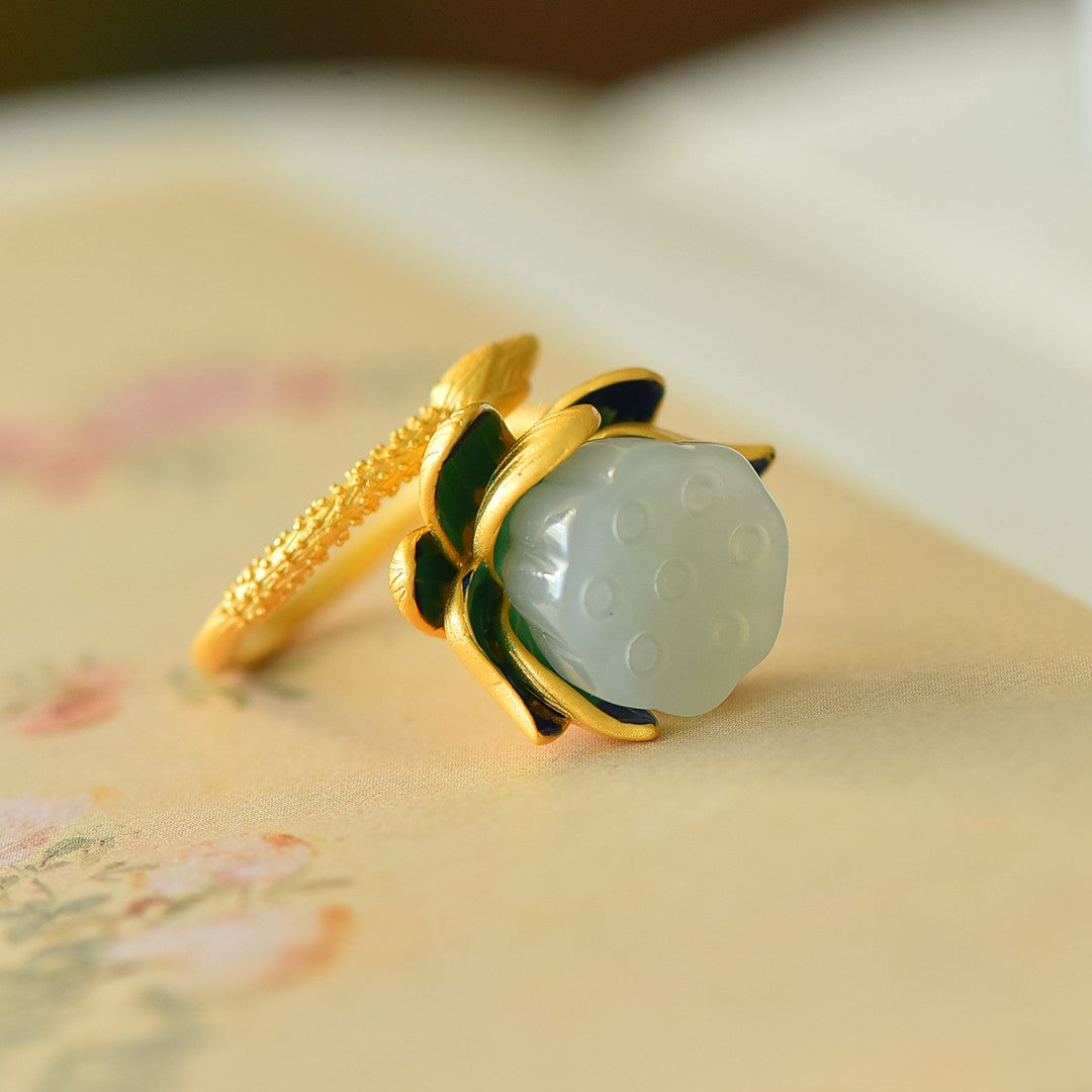 S925 Silver Nephrite Jade Lotus Pod Ring - Elegant Style