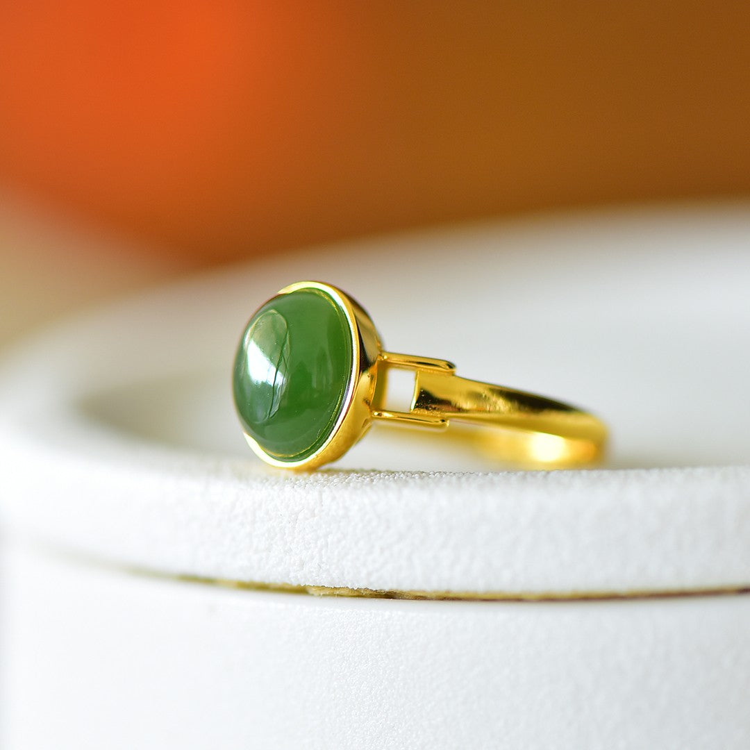 S925 Sterling Silver Nephrite Green Jade Fullness Simple Ring